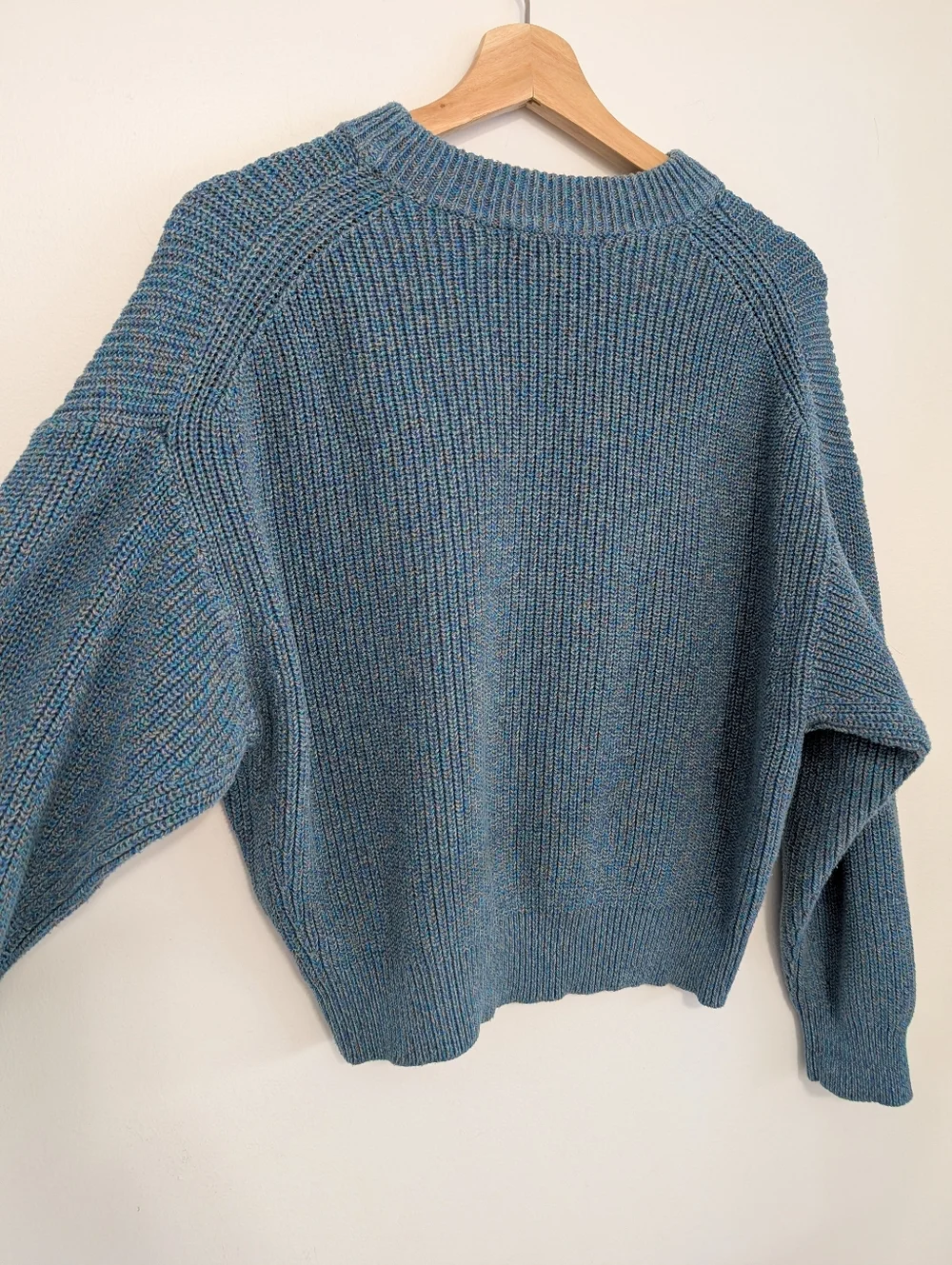 Uniqlo Small Boxy Sweater Crew Neck Grey Blue Wide Arm Cotton Knit Long Sleeve - Picture 2 of 16